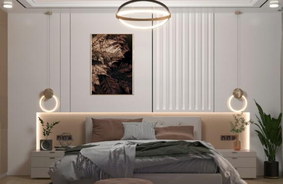 a bed room with a neatly made bed and a painting on the wall